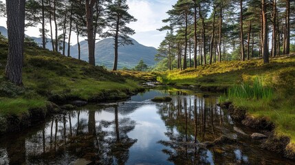 Obraz premium Serene Landscape of Reflection with Tall Pine Trees and Calm Water in a Scenic Forest Setting Under a Clear Sky