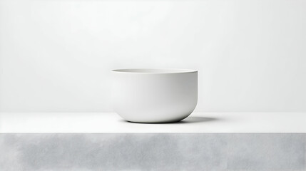 White Ceramic Bowl On A Stone Table Against A White Background With Minimalist Lighting