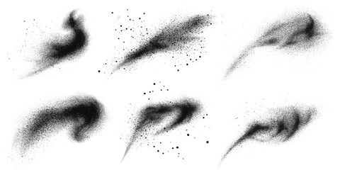 Powder dots brush strokes, isolated set of wavy lines. Vector grunge sprinkle spray texture, dirty dust sand noise. Graffiti ink or dotwork, coarse halftone paint for artwork and design