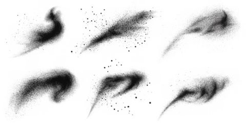 Powder dots brush strokes, isolated set of wavy lines. Vector grunge sprinkle spray texture, dirty dust sand noise. Graffiti ink or dotwork, coarse halftone paint for artwork and design
