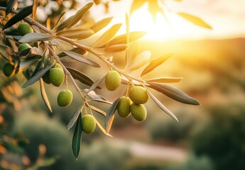 Olive Branch at Sunset with Green Olives Hanging Amidst Golden Light, Capturing the Beauty of Nature and Peaceful Harvest Season
