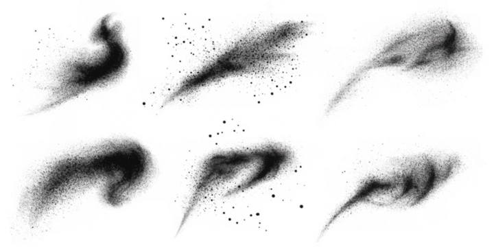 Powder dots brush strokes, isolated set of wavy lines. Vector grunge sprinkle spray texture, dirty dust sand noise. Graffiti ink or dotwork, coarse halftone paint for artwork and design