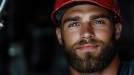 Fototapeta premium Close-up portrait of a construction worker. Focused on the face and upper body of a confident, experienced worker