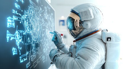 Astronaut conducting a team meeting while explaining mission details on a digital display