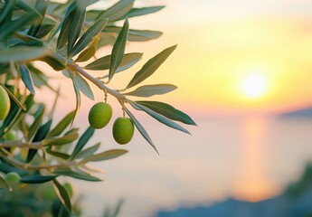 Olive branch with green olives and sunset over ocean creating a serene and tranquil atmosphere perfect for nature and food photography