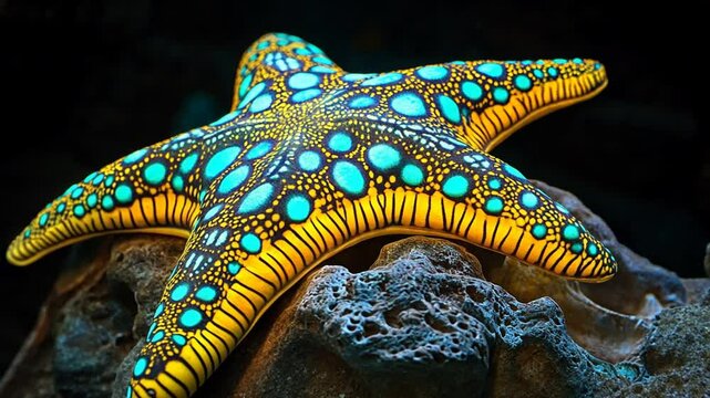 Starfish in its Habitat: Capture the intricate details and vibrant colors of a starfish as it clings to a textured rock, a beautiful underwater scene.