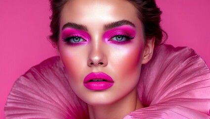 Naklejka premium Glamorous woman exuding confidence against bold pink backdrop