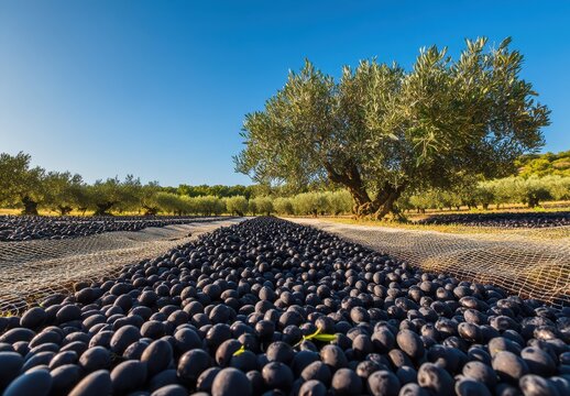 Olive Harvest Season in Picturesque Grove under Clear Blue Sky with Bountiful Black Olives Spread on Ground and Majestic Tree in Background
