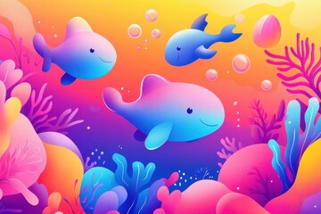Three playful fish swimming amidst colorful underwater vegetation and bubbles