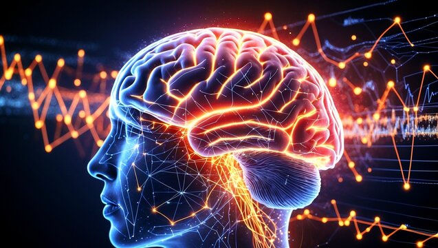 Glowing brain connectome visualizing cognitive processing energy