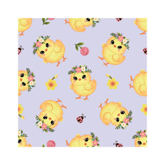 Fototapeta premium Adorable Easter chick seamless pattern with flowers and ladybugs on soft lilac background