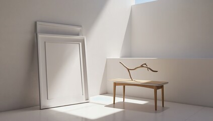 Fototapeta premium Sunlit Room with Empty Frame, Wooden Table, and Branch
