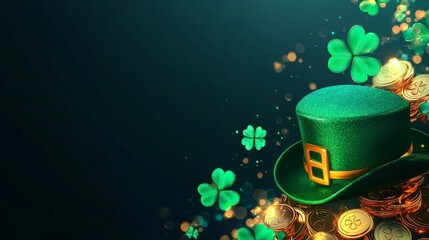 St. Patricks Day banner in futuristic style, holographic clover leaves, glowing gold coins, neon green leprechaun hat, dark background, bright copy space