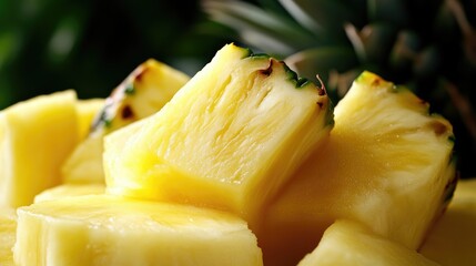 Close-up of diced pineapple chunks.  Juicy, yellow segments are stacked and showcased