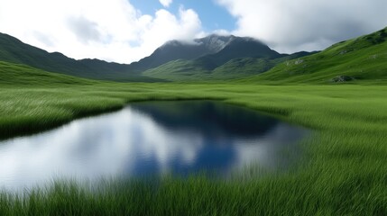 Obraz premium Serene mountain lake nestled in lush green valley. Tranquil reflection of clouds on the still water