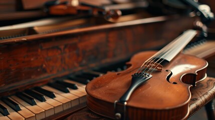 Fototapeta premium Explore the beauty of handcrafted musical instruments like guitar, violin, and piano in a vibrant music setting Generative AI