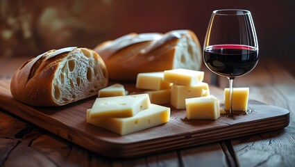 Bread, cheese and red vine on a rustic wooden table.