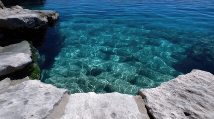 Crystal-clear turquoise water laps gently against light gray rocks. Sunlight shimmers on the bottom