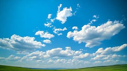 Obraz premium Green field under blue sky with white fluffy clouds. Spring landscape.