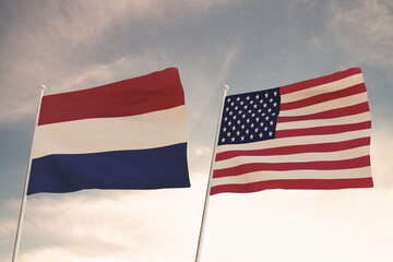 Relations between the countries of the United States of America USA and NETHERLANDS represented by the concept of two flags waving against a cloudy sky.3d render.