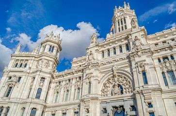 Obraz premium Architectural detail of the iconic Palacio de Cibeles (Cybele Palace), in Madrid, Spain