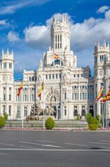 View of the iconic Palacio de Cibeles (Cybele Palace), in Madrid, Spain