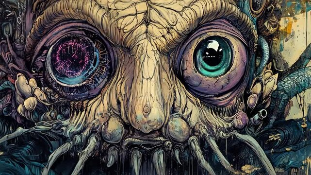 Intricate monster face with vivid detail and contrasting colors showcasing a blend of horror and artistry