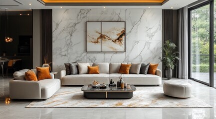 Modern living room interior design with marble accent wall and large windows
