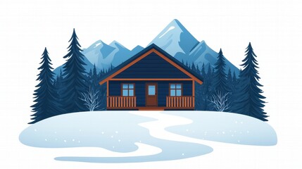 Fototapeta premium A cozy cabin nestled in snowy mountains, surrounded by tall trees, evoking a serene winter landscape.