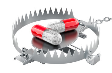 Drug addiction from medicines concept. Medicament capsule inside bear trap, 3D rendering isolated...