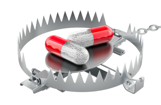 Drug addiction from medicines concept. Medicament capsule inside bear trap, 3D rendering isolated on transparent background