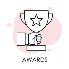 Vector icon for Awards. A hand holding a trophy with a star representing achievements and recognition.