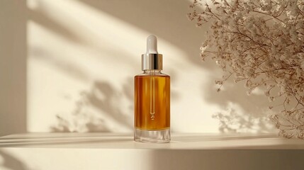 Fototapeta premium Amber serum bottle with dropper on shelf, sunlit background, dried flowers.