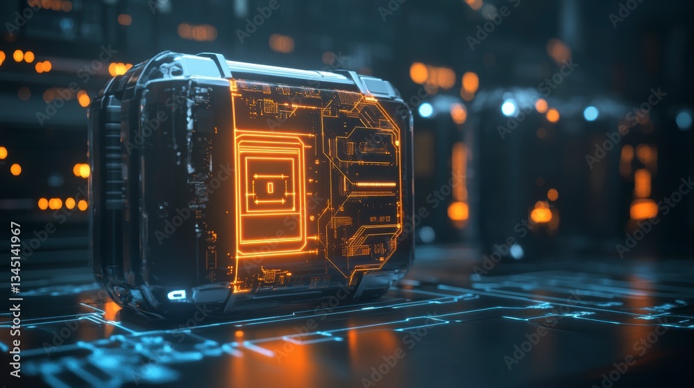 Aufkleber futuristic tech box in server room. possible stock photo use