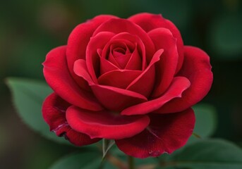 Close-up Photograph of a Perfect Red Rose in Full Bloom Surrounded by Lush Green Leaves, Ideal for Romantic Decor and Nature Enthusiasts.