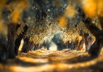 Scenic View of Olive Tree Grove Under Soft Golden Light with Blurred Background and Vibrant Trees Creating a Peaceful Atmosphere