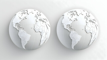Naklejka premium Two mirrored globes represent global unity and interconnectedness, a minimalist monochrome design on a neutral background.