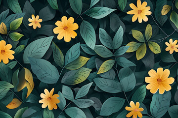 Vibrant pattern of yellow blossoms and green foliage.