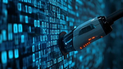 Futuristic robot arm interacting with binary code