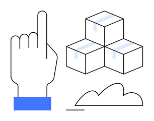 Obraz premium Left hand pointing upward beside three stacked boxes and a cloud, conceptualizing supply chain, logistics, freight, inventory, cloud storage, shipping services. Ideal for delivery, innovation themes
