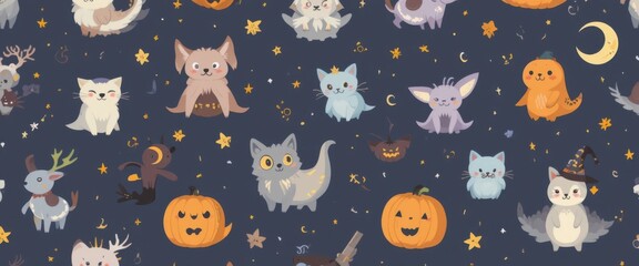Adorable Halloween Creatures Pattern Cute Cats, Dogs, and Pumpkins