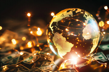 A glowing globe surrounded by lights and currency, symbolizing global interconnectedness, economic trade, and technology's influence on financial systems and worldwide markets, evoking progress