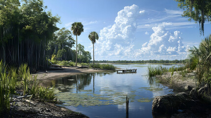 Tranquil Lakeside Scenery With Lush Green Forest And Palm Trees