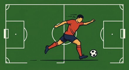 Dynamic Soccer Player in Red Jersey Kicking Ball on Green Field Illustration for Sports Enthusiasts and Graphic Designers