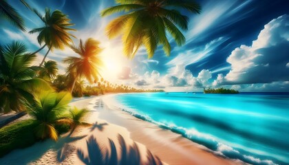 Obraz premium Tropical paradise with turquoise waters, white sandy beach, and palm trees swaying