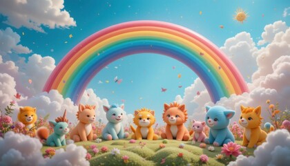 Obraz premium Rainbow Fantasy Adorable Animal Toys in a Joyful Cloudland