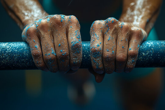 A gymnast's chalked hands gripping parallel bars during a competition. Concept of precision and competitive pressure.