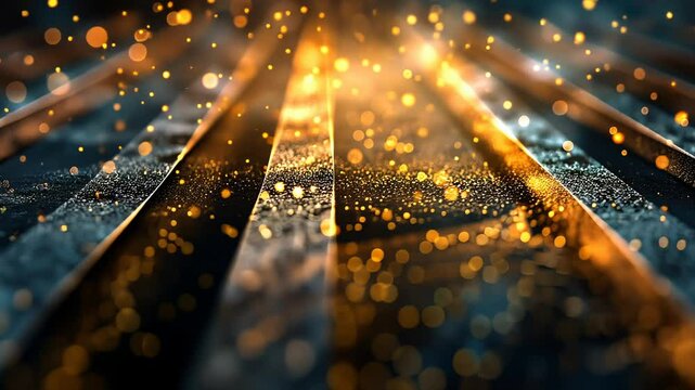 Abstract technological background with glowing particles.  Dark, metallic, textured surface with parallel lines.  Golden sparks and highlights