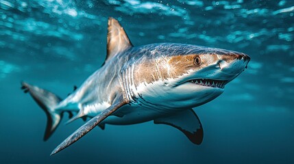 Naklejka premium Great white shark swimming under clear water with visible teeth and muscular body