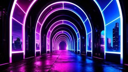 Obraz premium Neon arches create futuristic light tunnel in cityscape